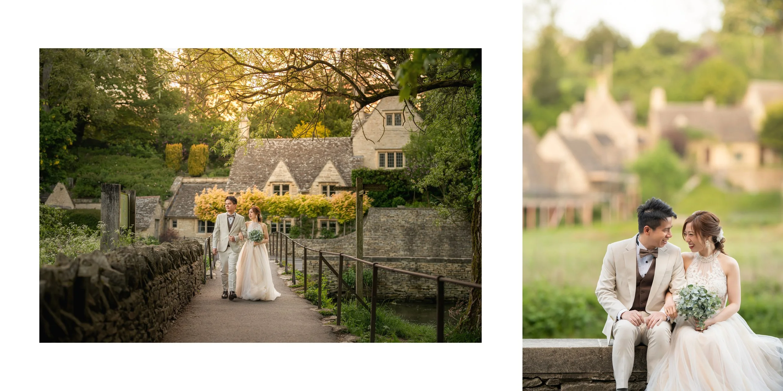 Yan & Victor walking the stone path past Arlington Row cottages in Bibury, and seated in the meadow — Cotswolds pre-wedding by Kenn Photographic Arts