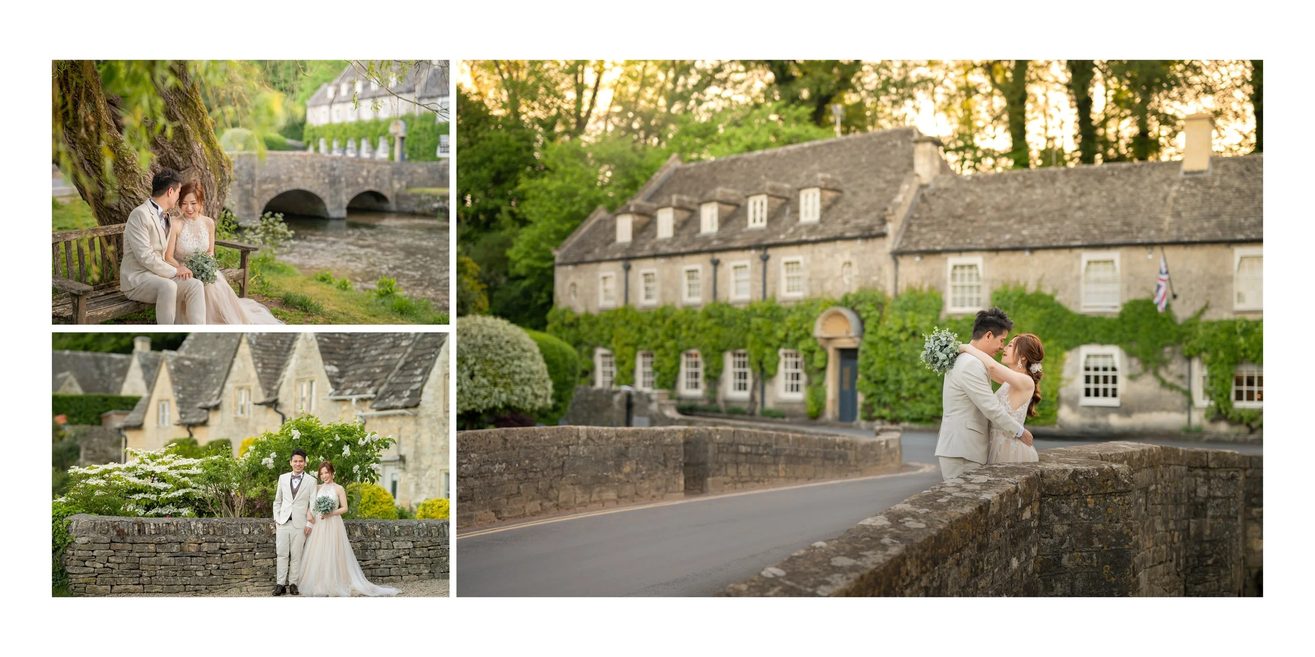 Yan & Victor by the ivy-covered Swan Hotel and stone bridge over the River Coln, Bibury — Cotswolds pre-wedding by Kenn Photographic Arts