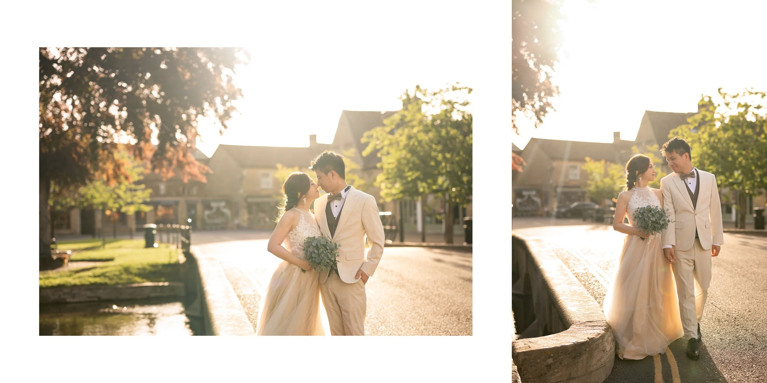 Yan & Victor in warm evening light on a quiet Cotswolds village street — Cotswolds pre-wedding by Kenn Photographic Arts