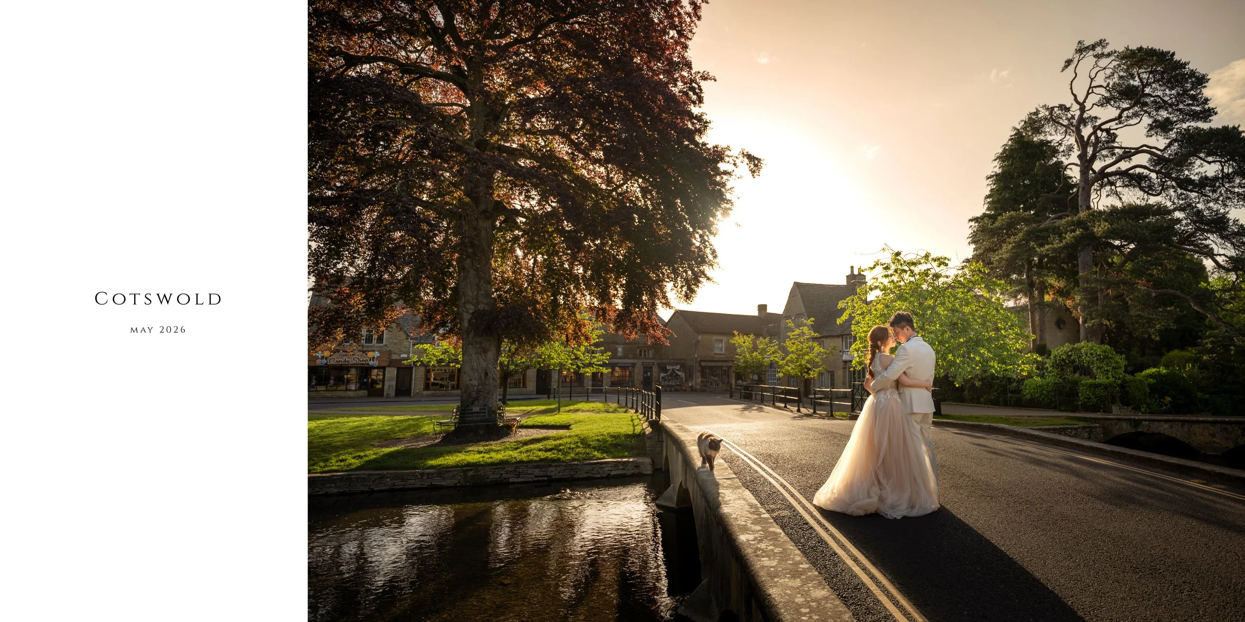 Opening spread: Yan & Victor at sunset under the copper beech tree, Cotswolds — Cotswolds pre-wedding by Kenn Photographic Arts