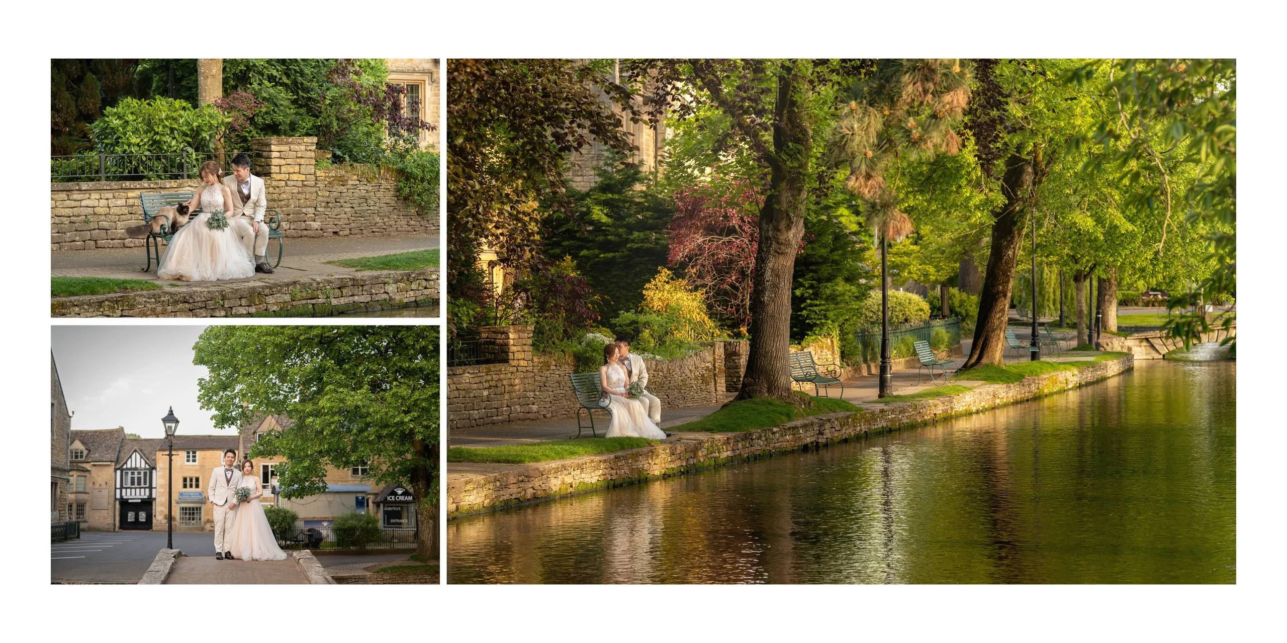 Yan & Victor on a riverside bench beneath willows at Bourton-on-the-Water — Cotswolds pre-wedding by Kenn Photographic Arts
