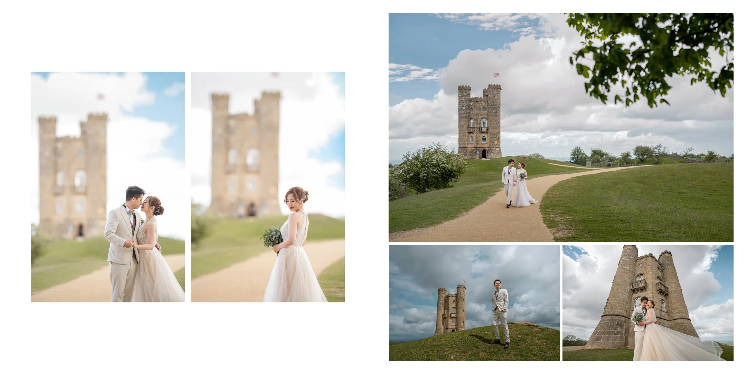 Yan & Victor in front of Broadway Tower on the Cotswolds hilltop — Cotswolds pre-wedding by Kenn Photographic Arts