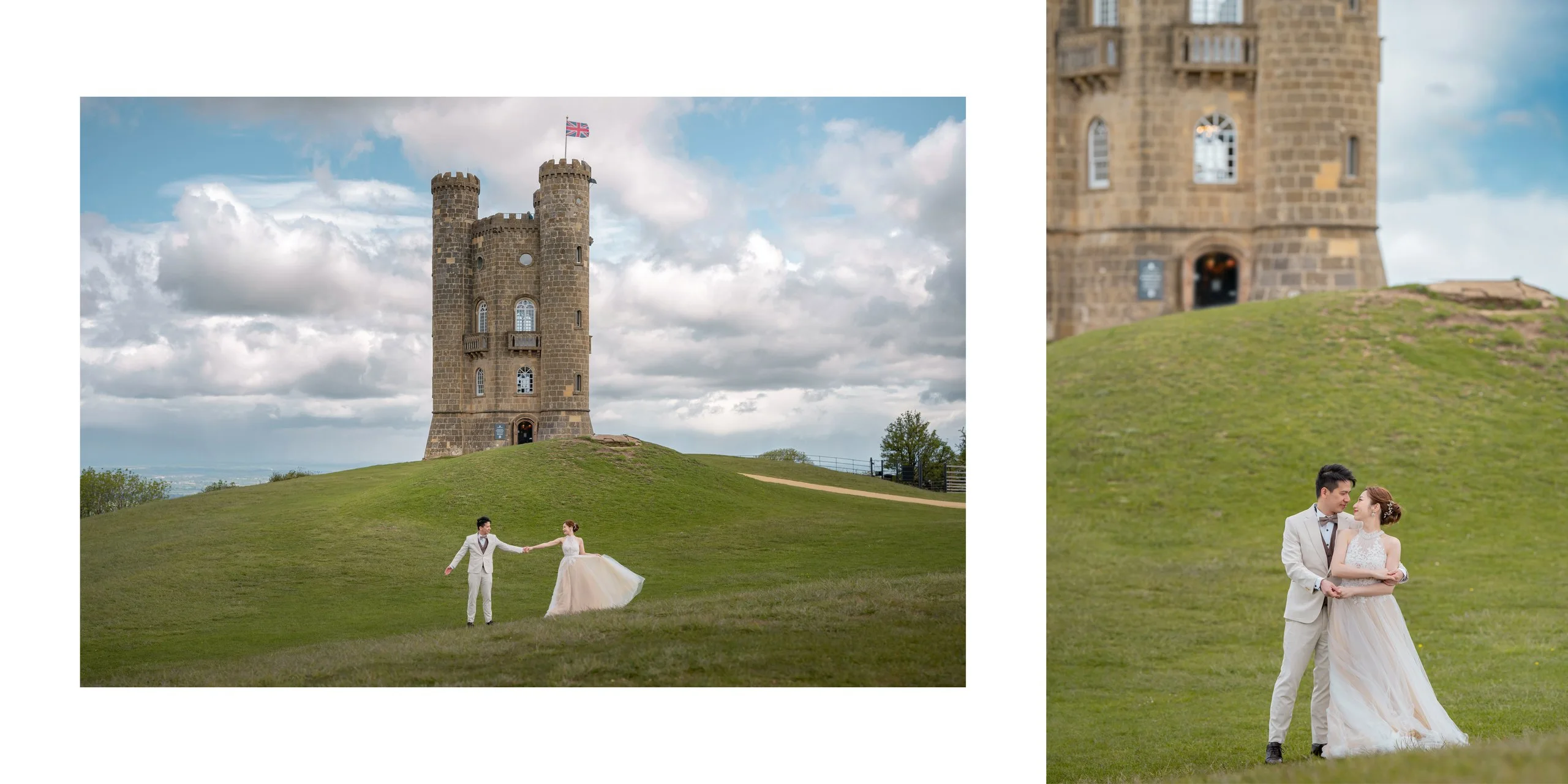 Yan & Victor dancing on the grassy hill below Broadway Tower — Cotswolds pre-wedding by Kenn Photographic Arts