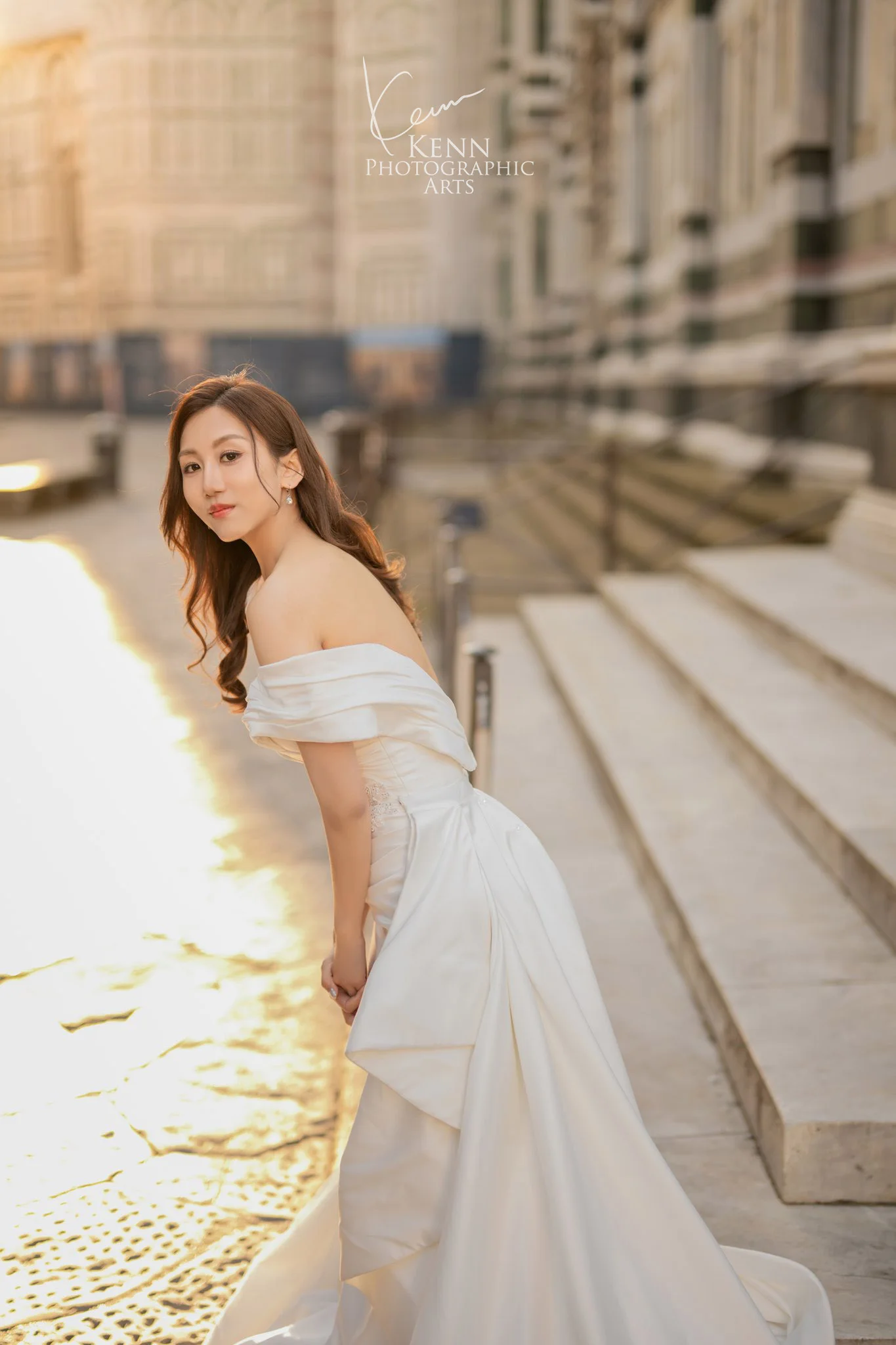 Bridal portrait of Wincy on the marble steps of the Duomo in soft morning light — Florence & Tuscany pre-wedding by Kenn Photographic Arts