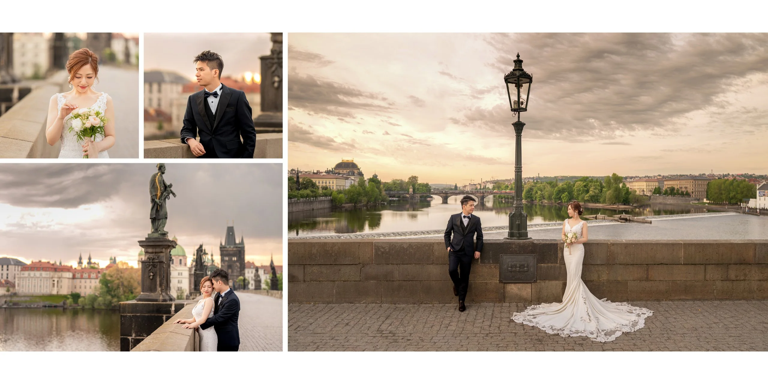 Yan & Victor at sunrise on Charles Bridge beside a lamp post above the Vltava River — Prague pre-wedding by Kenn Photographic Arts