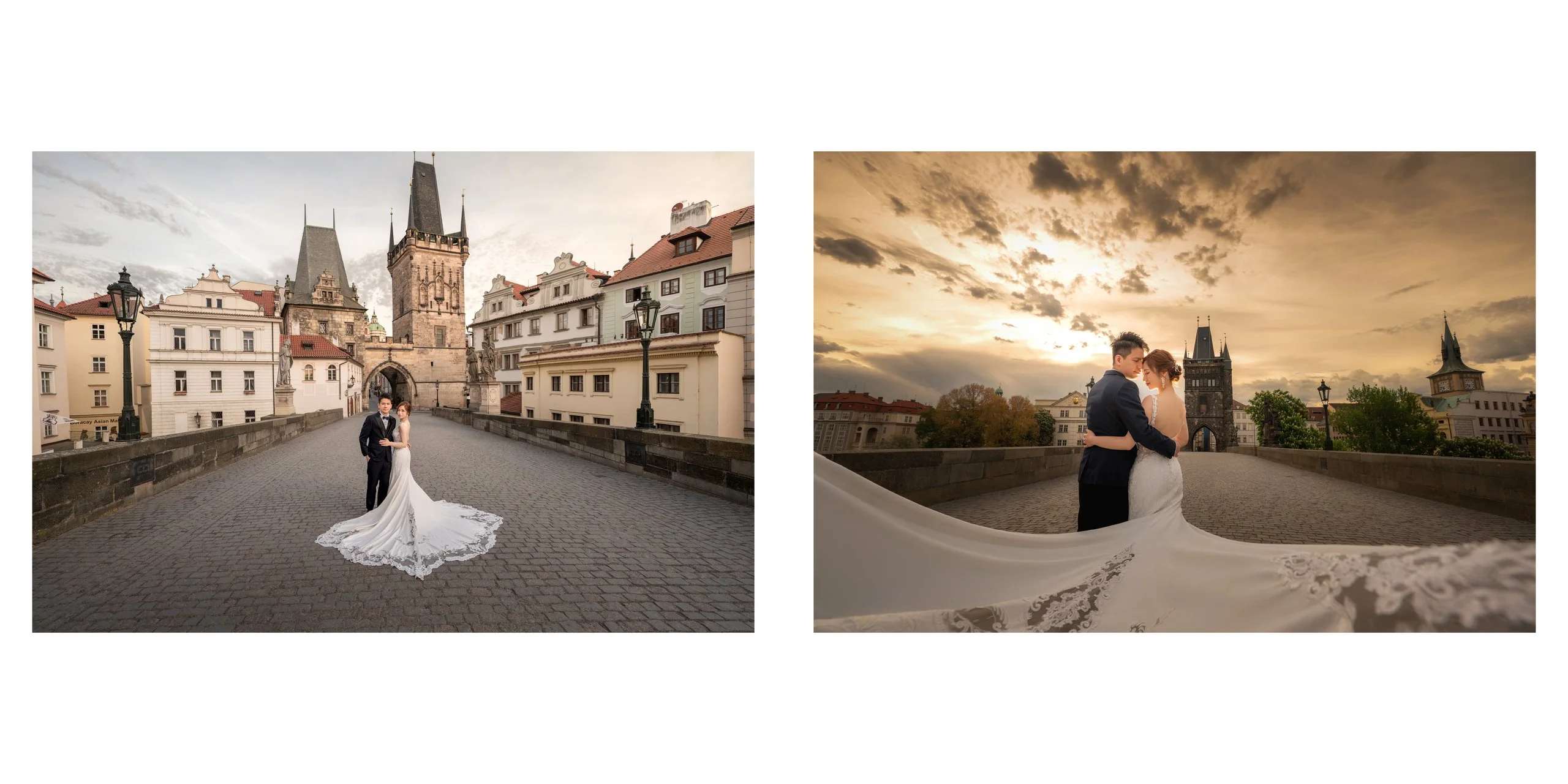 Yan & Victor on Charles Bridge with the Lesser Town Bridge Tower, her veil flying — Prague pre-wedding by Kenn Photographic Arts