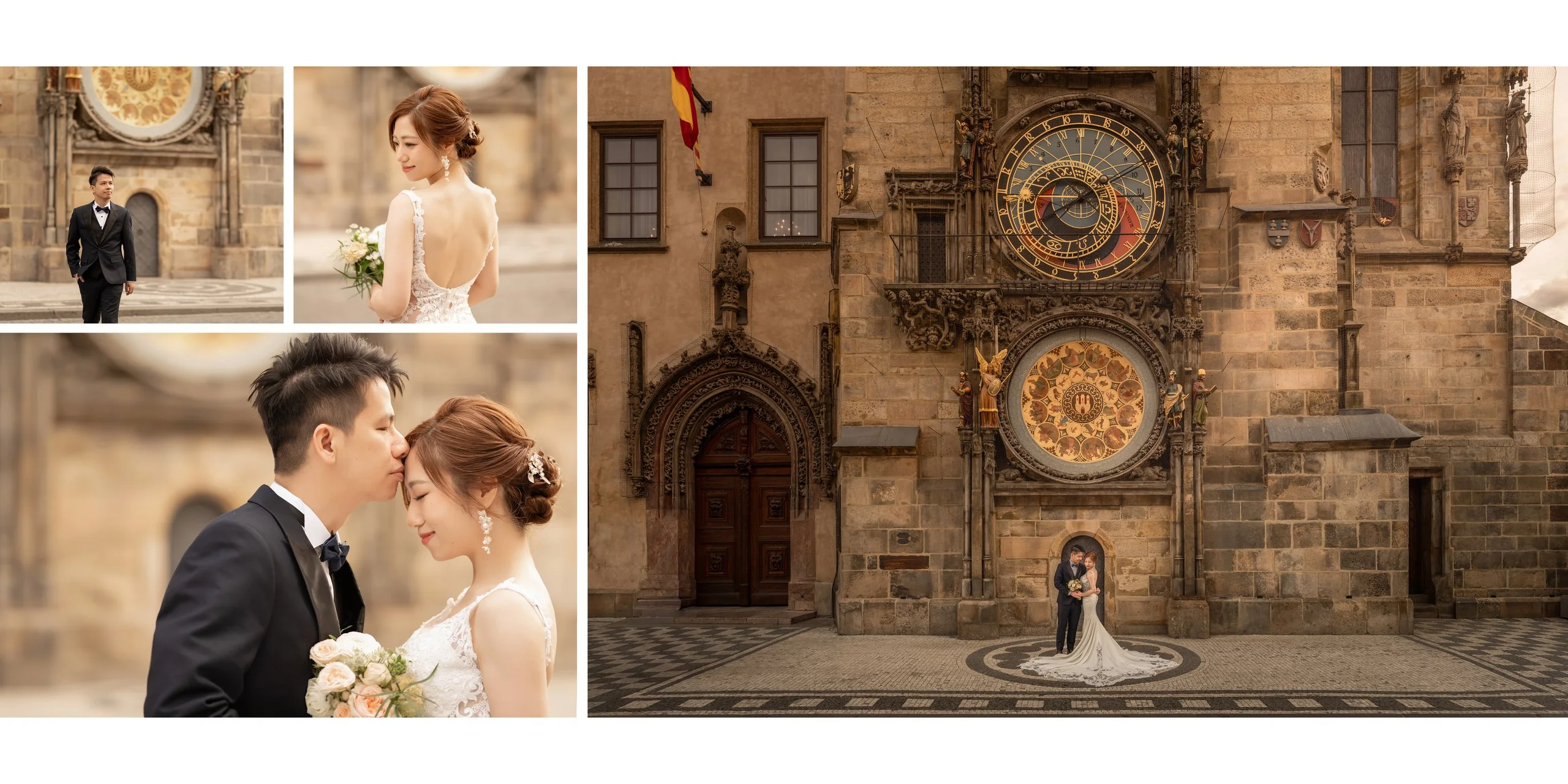 Yan & Victor beneath the Prague Astronomical Clock in Old Town Square — Prague pre-wedding by Kenn Photographic Arts