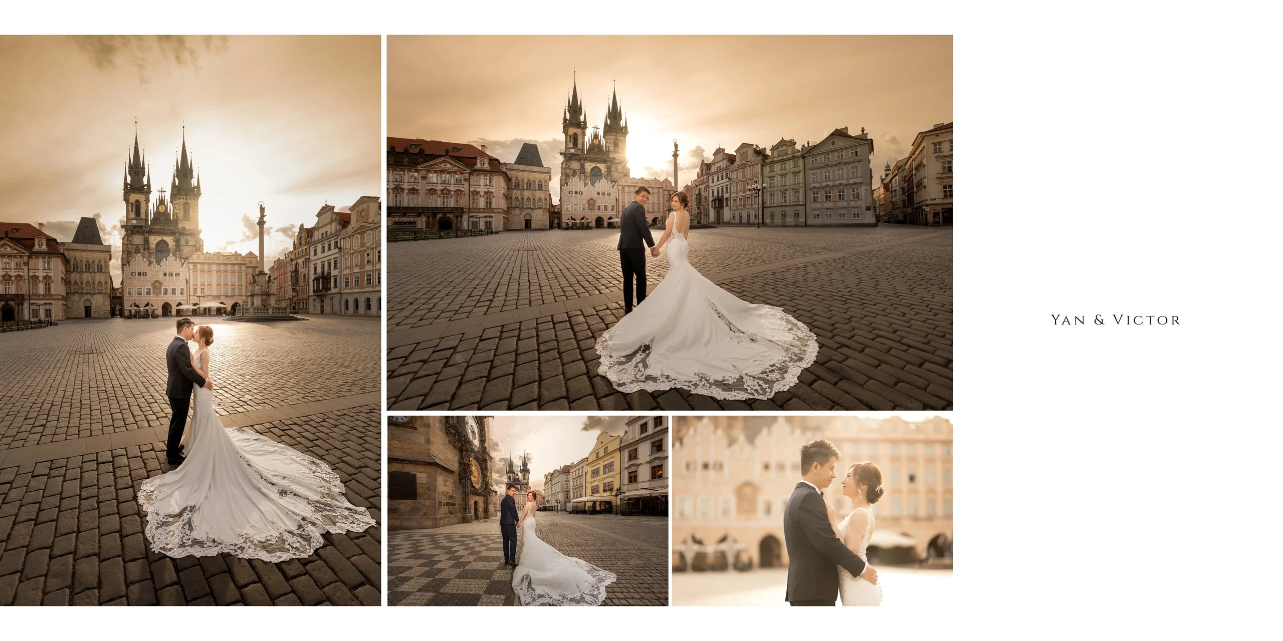Yan & Victor at sunrise in an empty Old Town Square before the Church of Our Lady before Týn — Prague pre-wedding by Kenn Photographic Arts