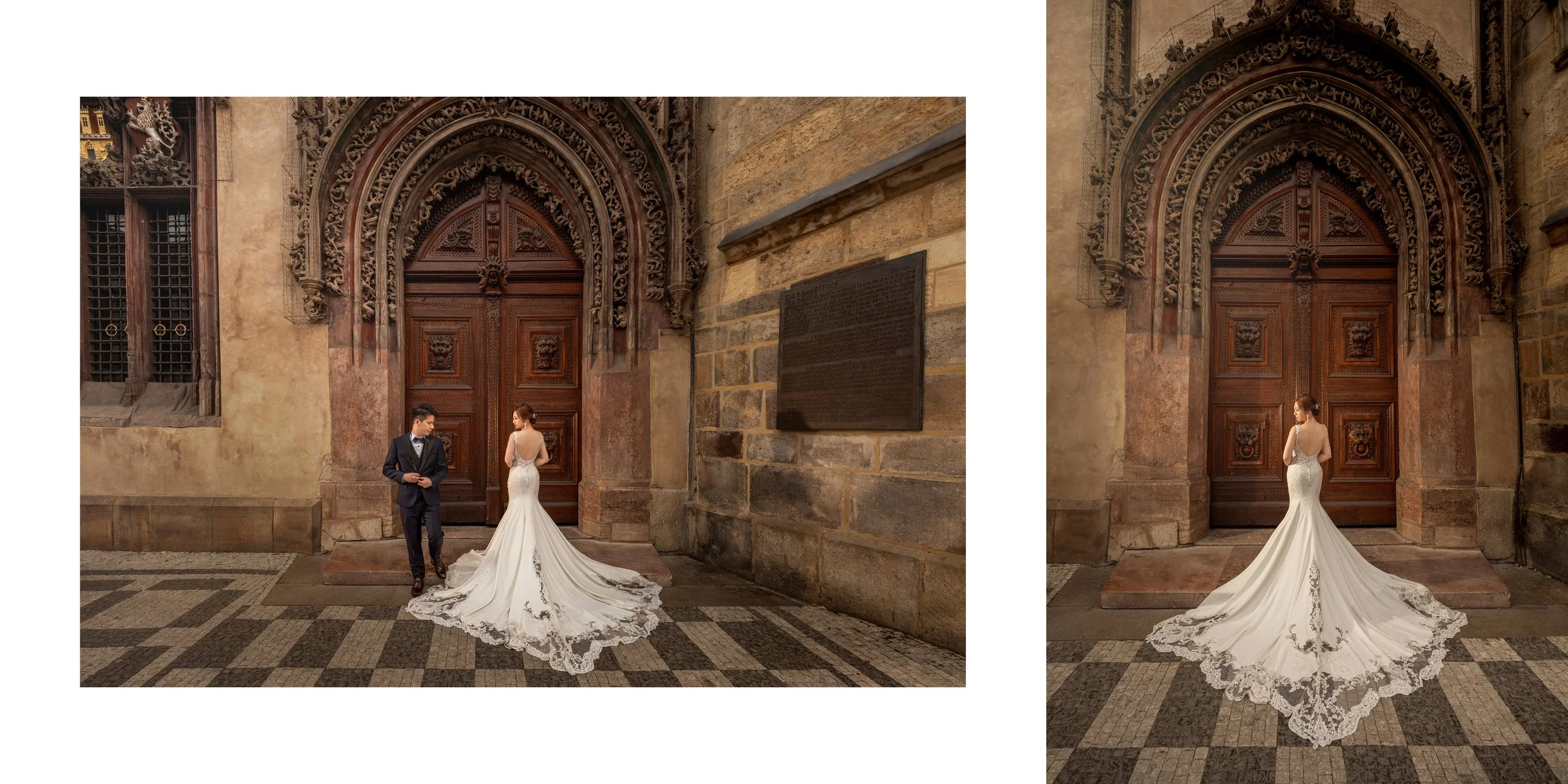 Bride and groom before a carved Gothic doorway, her lace train spread on the cobbles — Prague pre-wedding by Kenn Photographic Arts