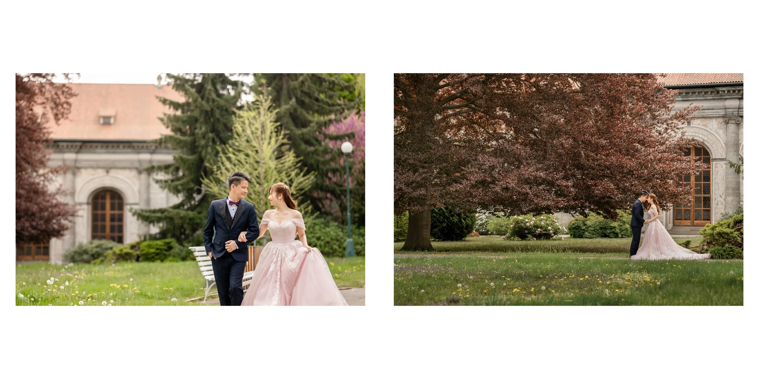 Yan & Victor on the lawns of a Prague palace garden, she in a blush-pink gown — Prague pre-wedding by Kenn Photographic Arts