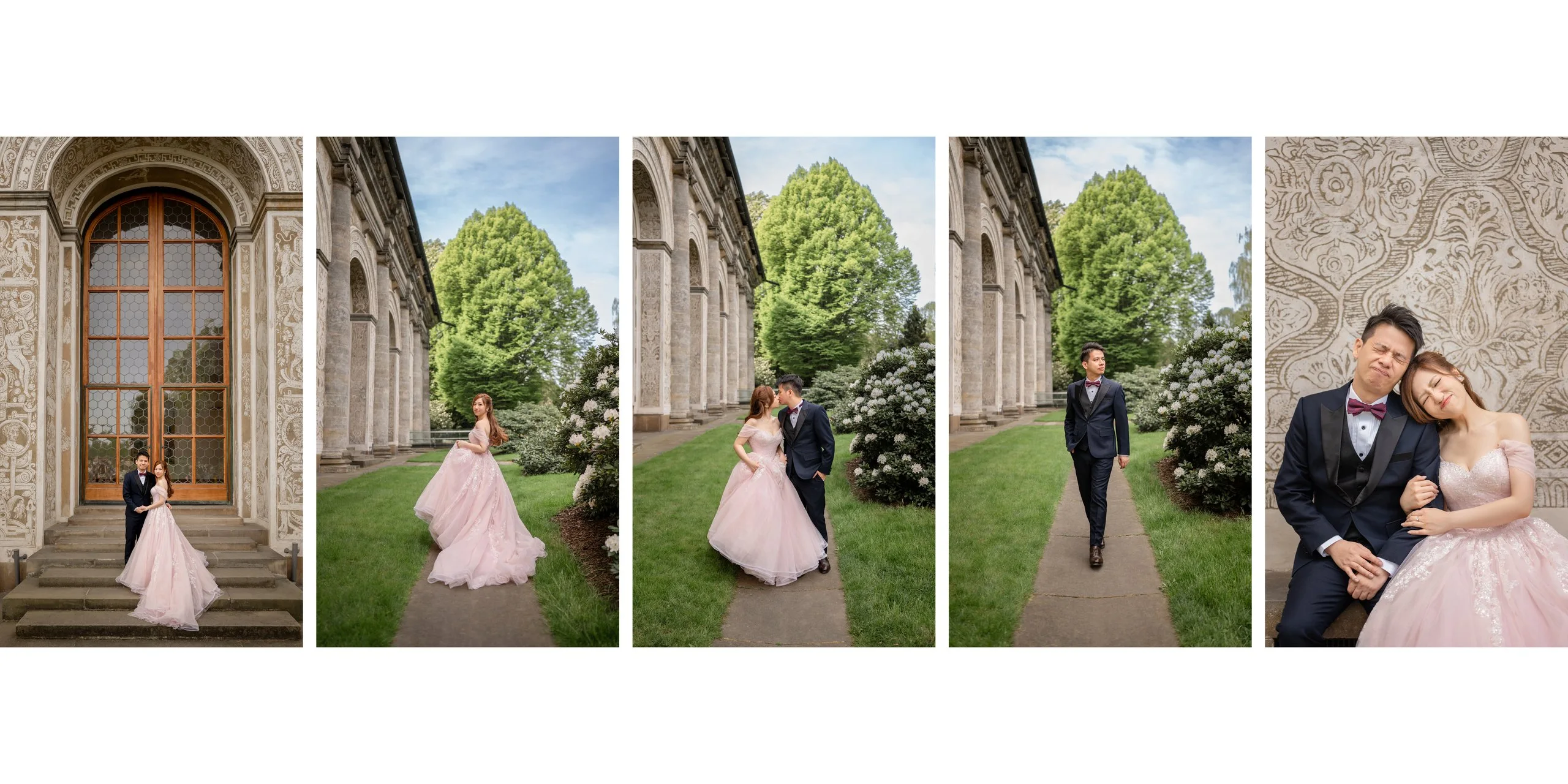 Yan & Victor along a garden arcade in Prague, blush-pink gown — Prague pre-wedding by Kenn Photographic Arts