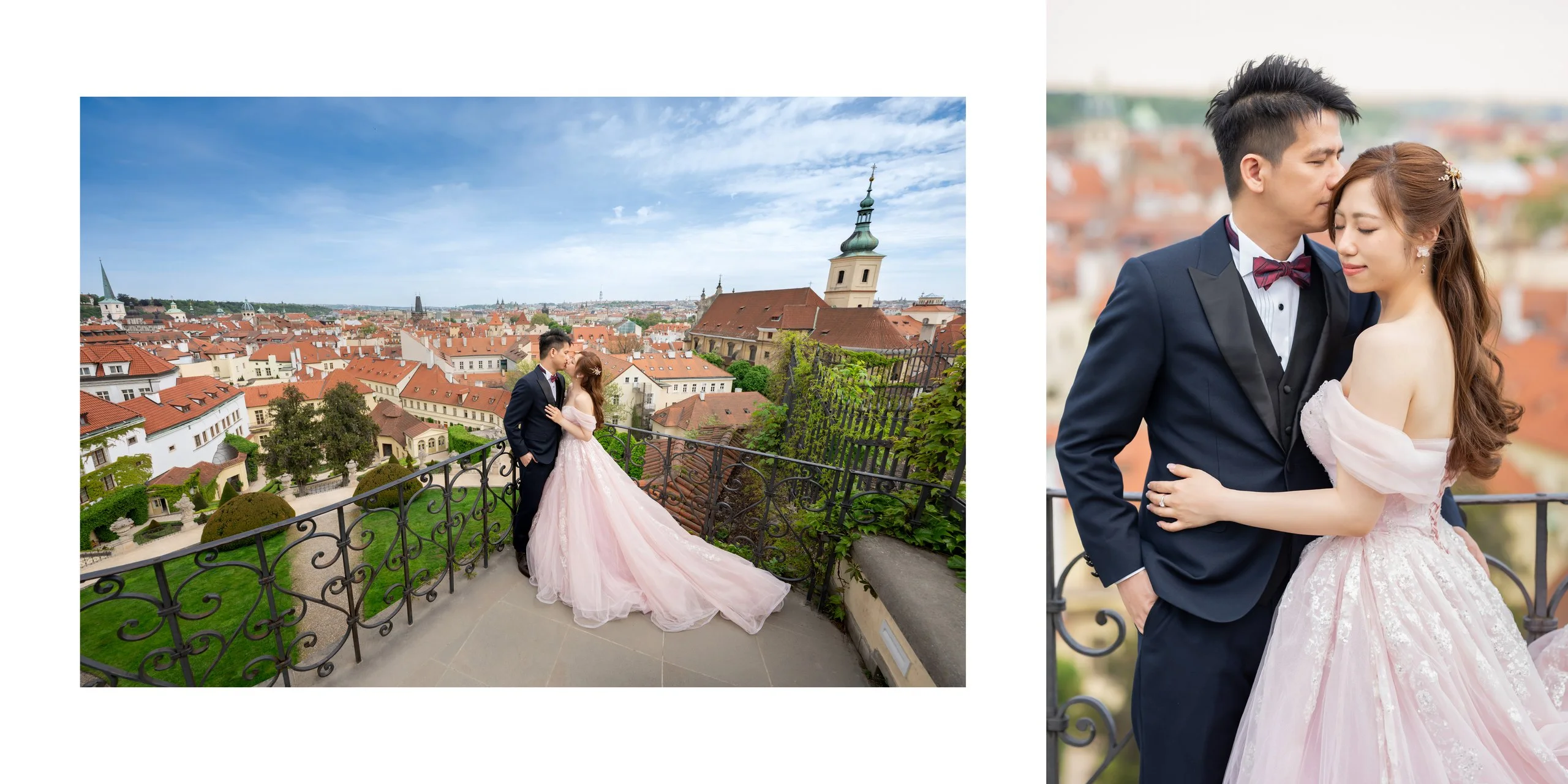 Yan & Victor on a garden terrace overlooking the red rooftops of Malá Strana, Prague — Prague pre-wedding by Kenn Photographic Arts